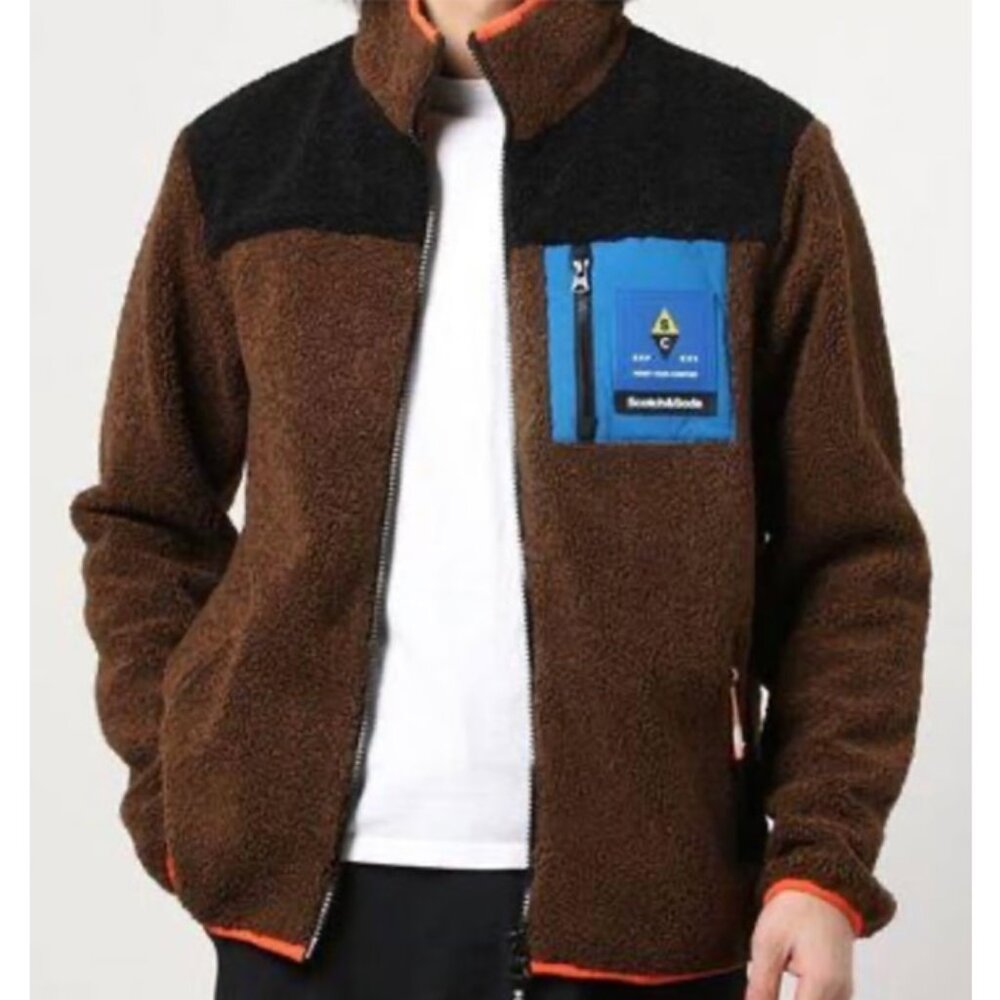 Scotch & Soda Zip-Up Color Block Teddy Fleece Jacket Brown Black Men's M $195 - Picture 3 of 16